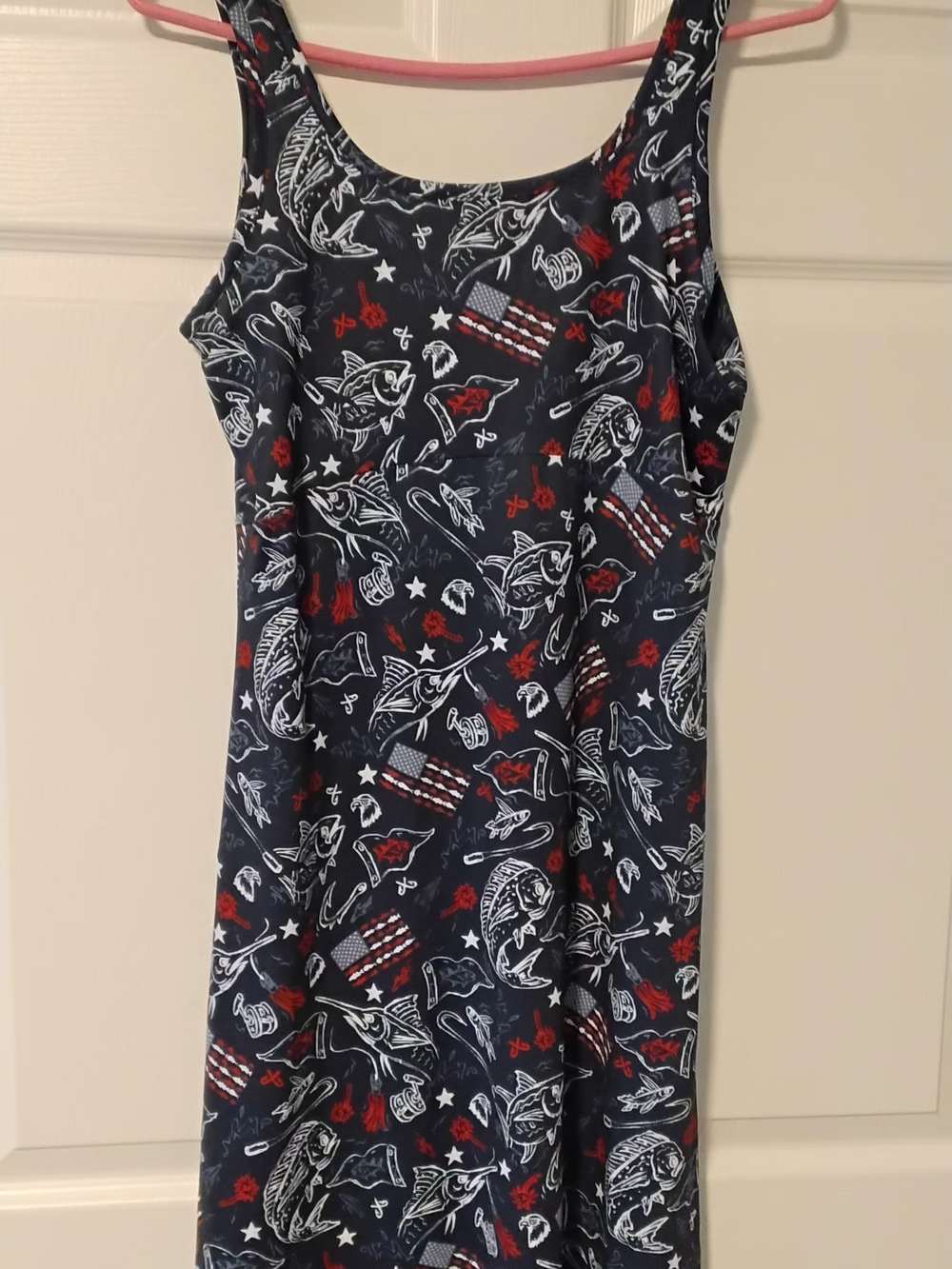 Navy Sleeveless Athletic Graphic Tank Dress with Red & White Accents
